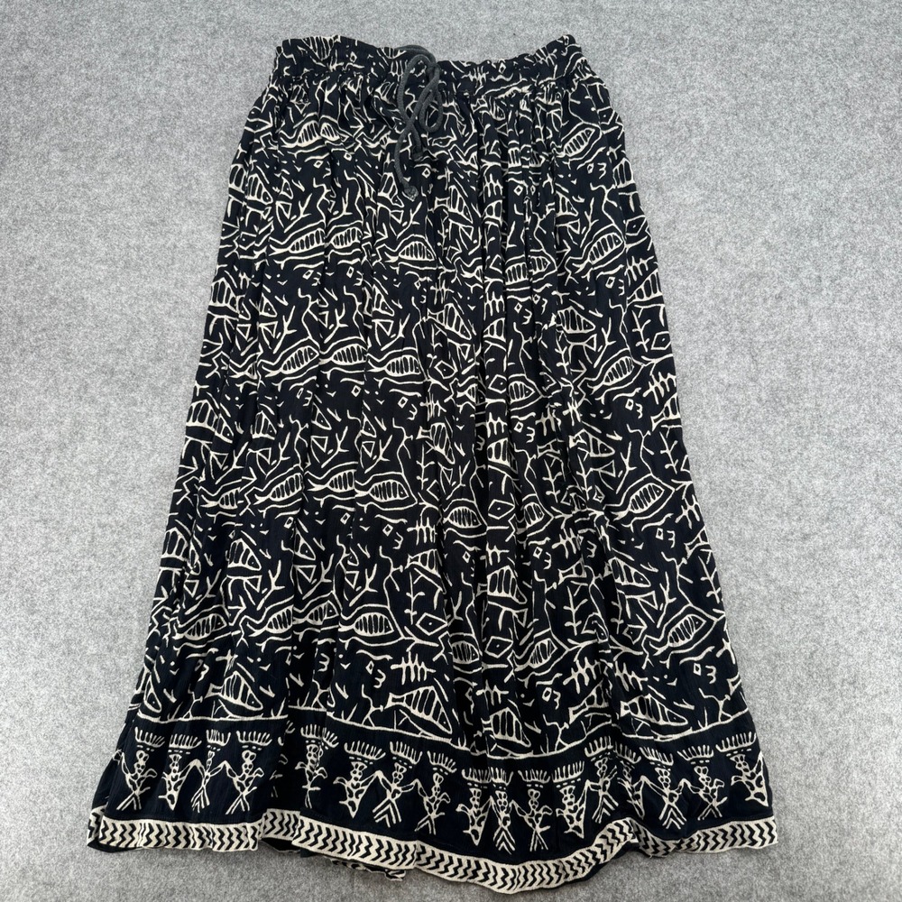 Chico's Design Skirt Women OS Maxi Black Tribal Fish Rayon Drawstring EUC